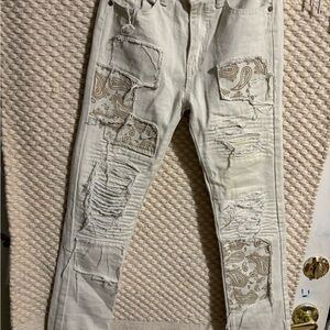 Rock Salt Cream Jeans with Distressed Details